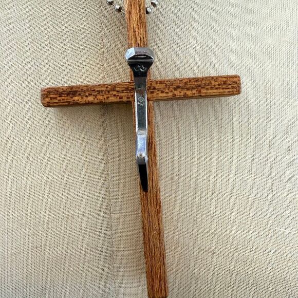 Wood Cross Necklace Nail Crucifix Pendant - Picture 3 of 7
